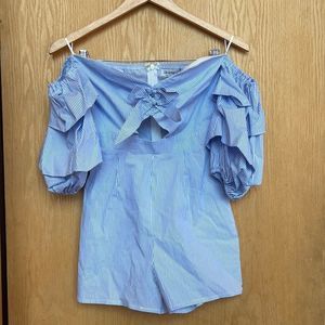 NWT Fashion Nova Blue & White Pinstriped Off Shoulder Romper